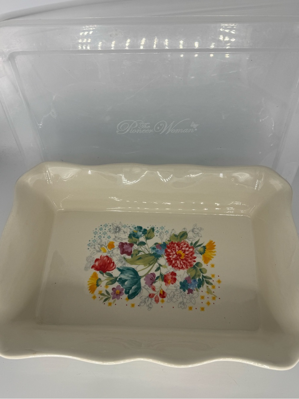 Pioneer Woman Ceramic Casserole Baking Dish With Plastic Snap Lid Floral